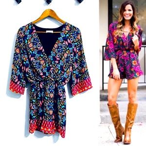 Everly Paisley Floral Black Three-Quarter Sleeve Romper /Shorts Jumpsuit